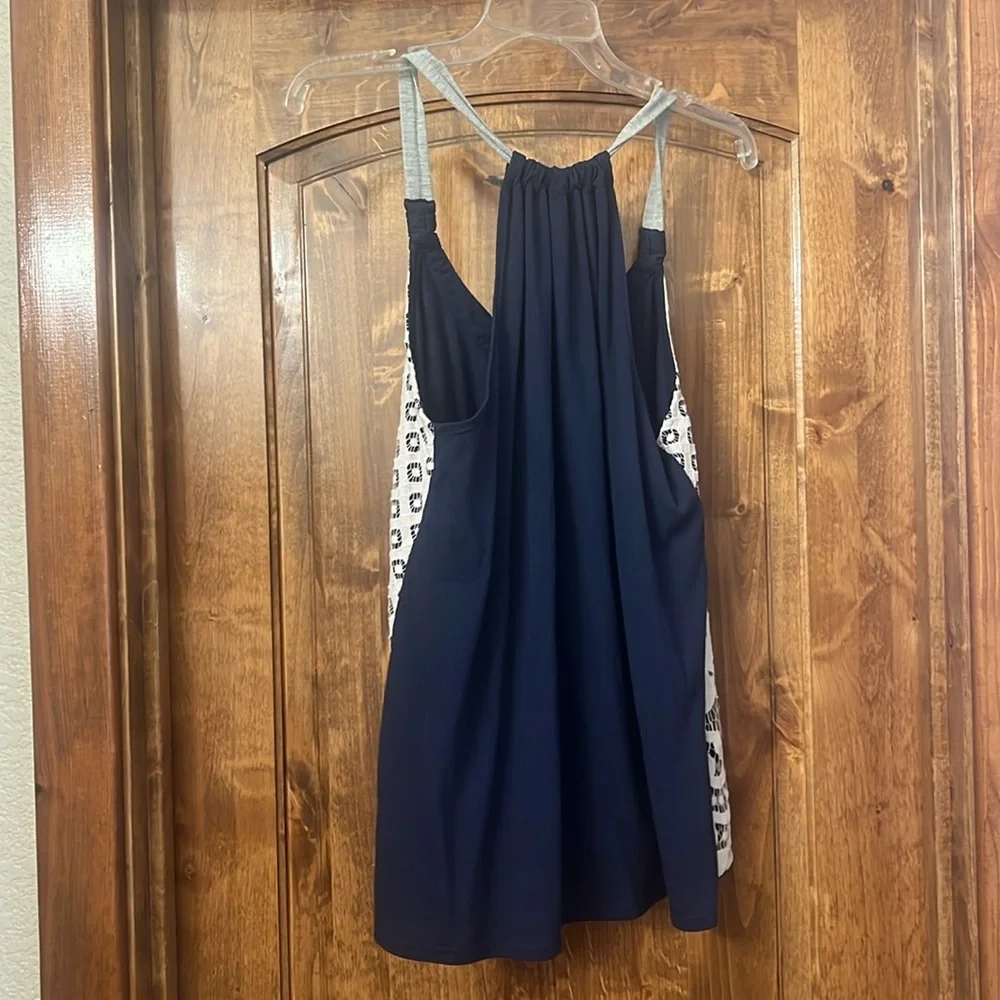 Rewind Navy Tank with White Crochet Overlay and Gray Straps